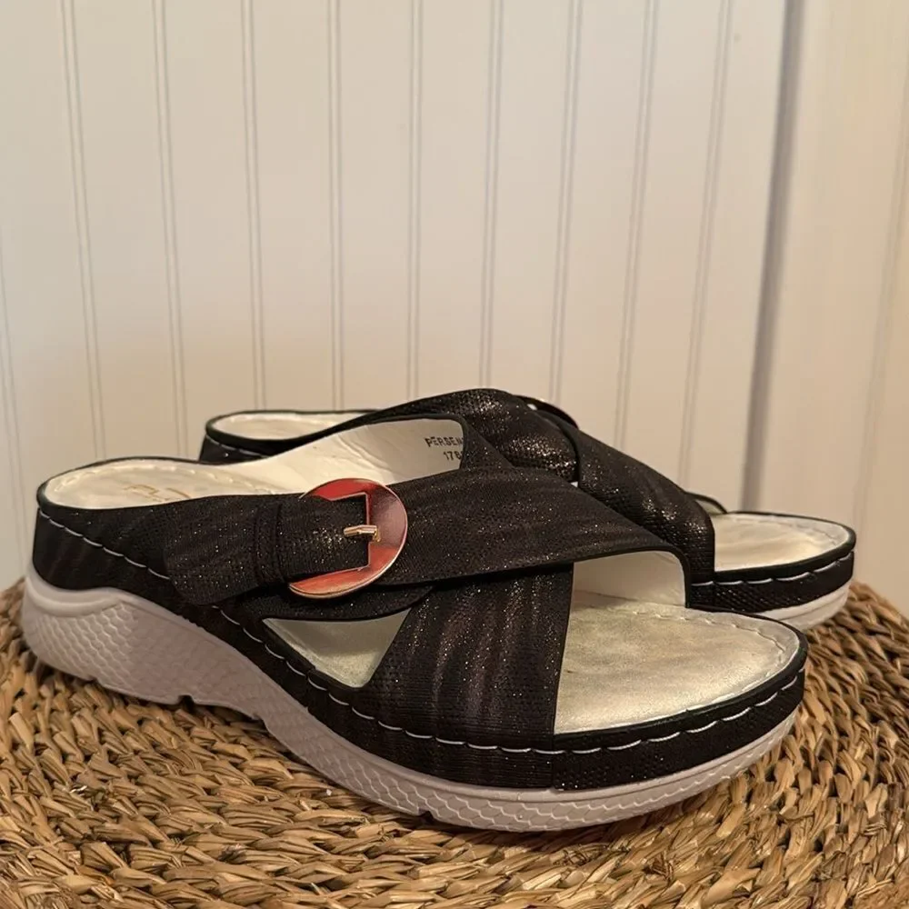Flexus Italian Comfort by Spring Step  Women's Persemia Black Slide Sandals - B7